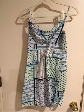 LOFT Mint and Blue Patchwork Print Mini Dress